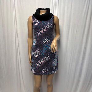 24Seven Sweater Mini Dress Size Medium Purple Blue Leopard Print Black Cowl Neck